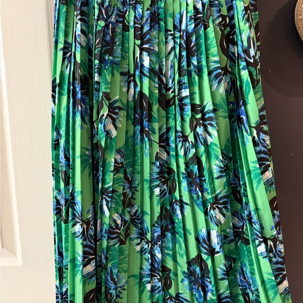 Banana Republic Green Floral Pleated Skirt with Blue & Black Accents